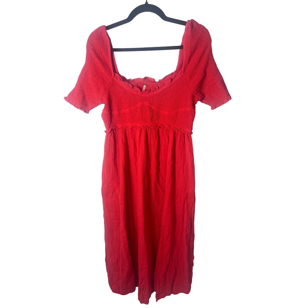 Free People Red Orange Smocked Midi Dress Sunshine Season Ruffle SquareNeck Boho